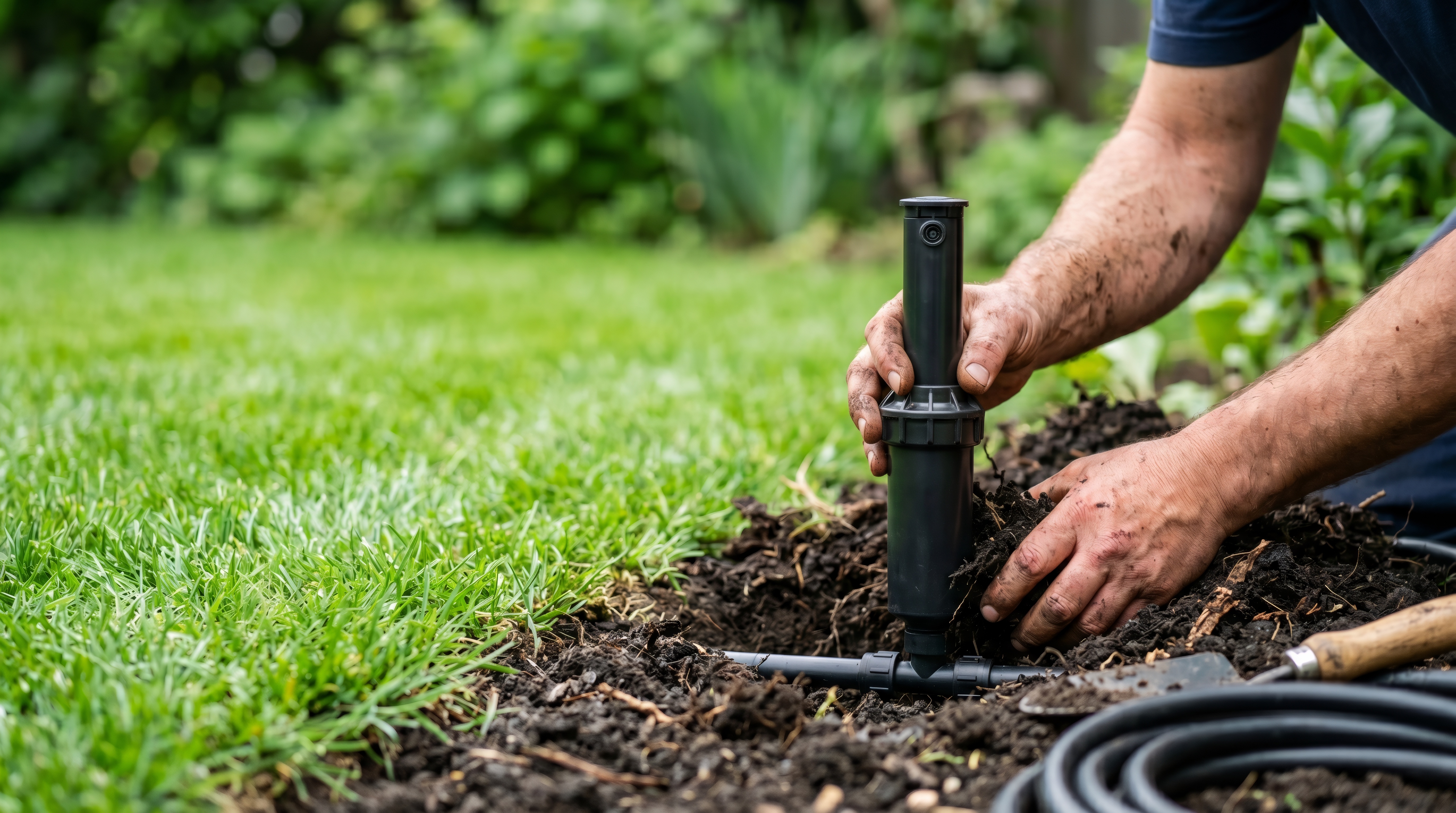 Technician installing irrigation system in Odessa TX yard